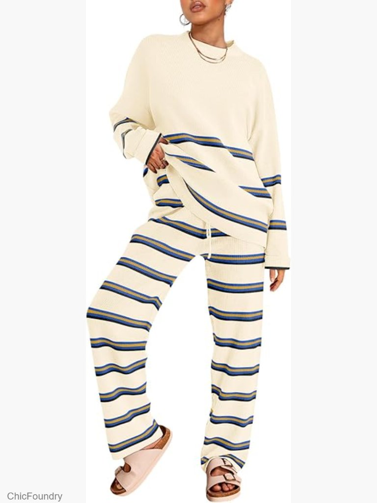 Medium Striped Knit Sweater Set, Batwing Sleeve, Lounge Pants, Oeko-Tex